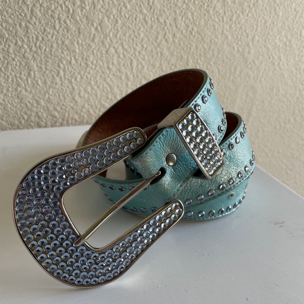 Genuine leather aquamarine belt. Y2K